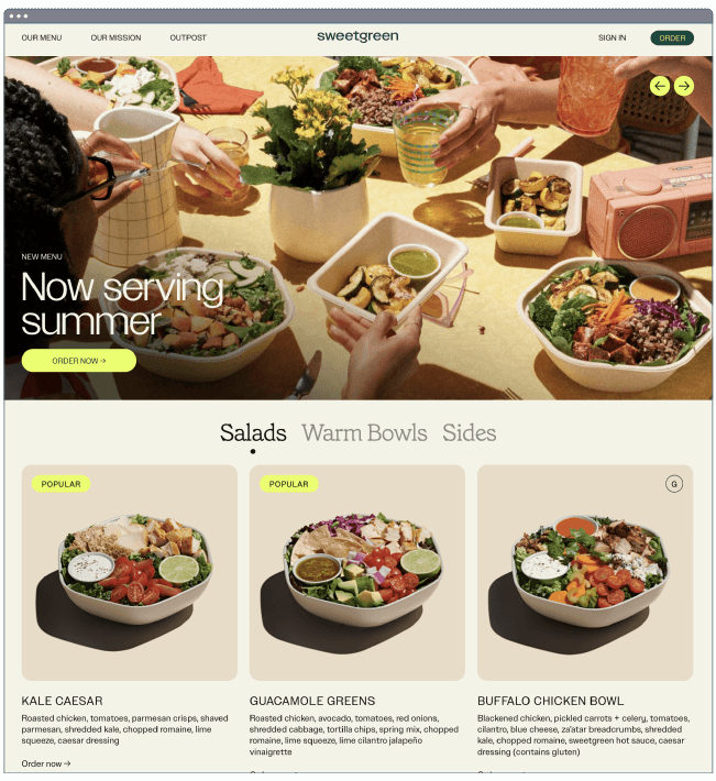 restaurant website templates: sweetgreen